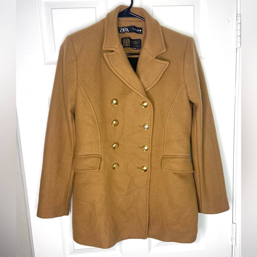 Zara Women's Camel Double-Breasted Pea Coat